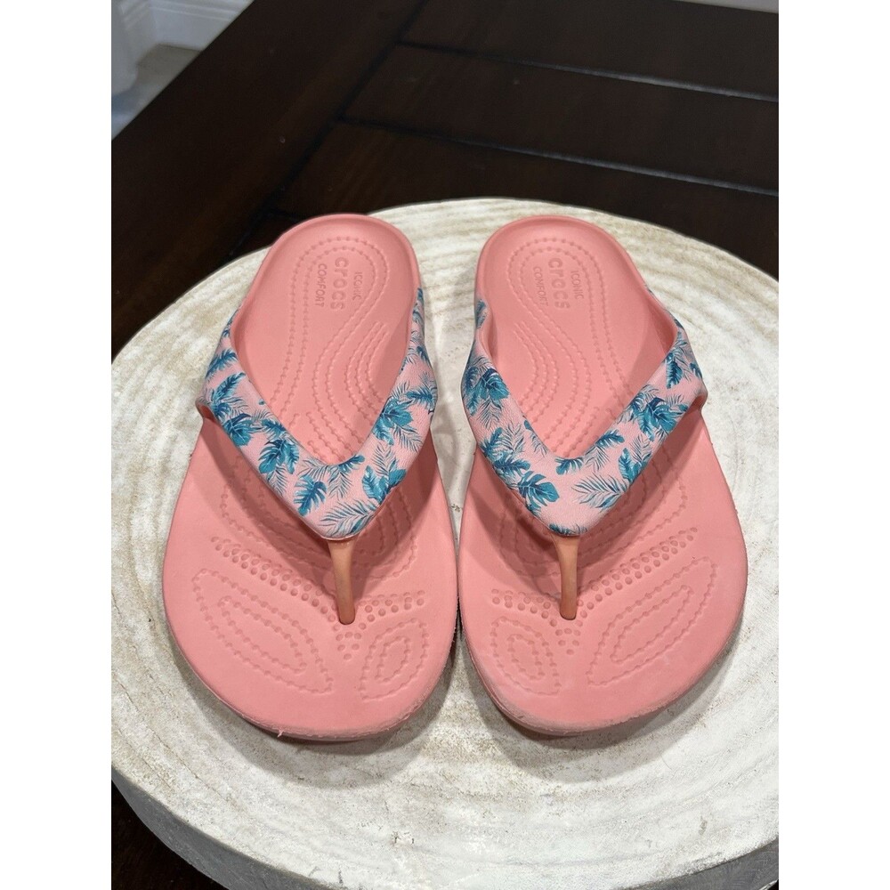 Crocs Sandals Kadee II Floral Thong Flip Flops Pink Palm Tree Beach Womens 5